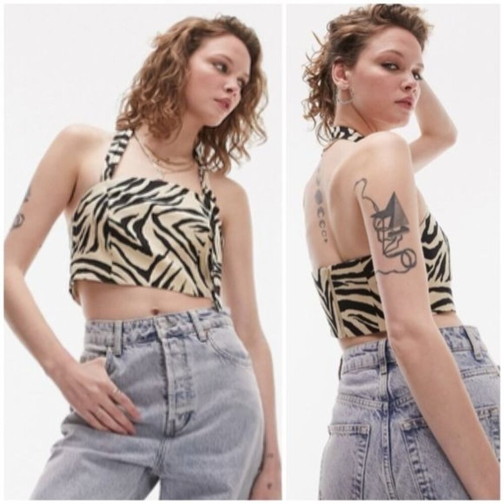 New Topshop Zebra Print Crop Halter Top Size 10